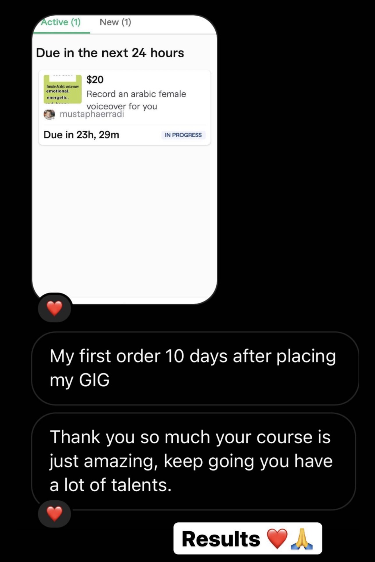 First order $20 on Fiverr, 10 days after posting GIG