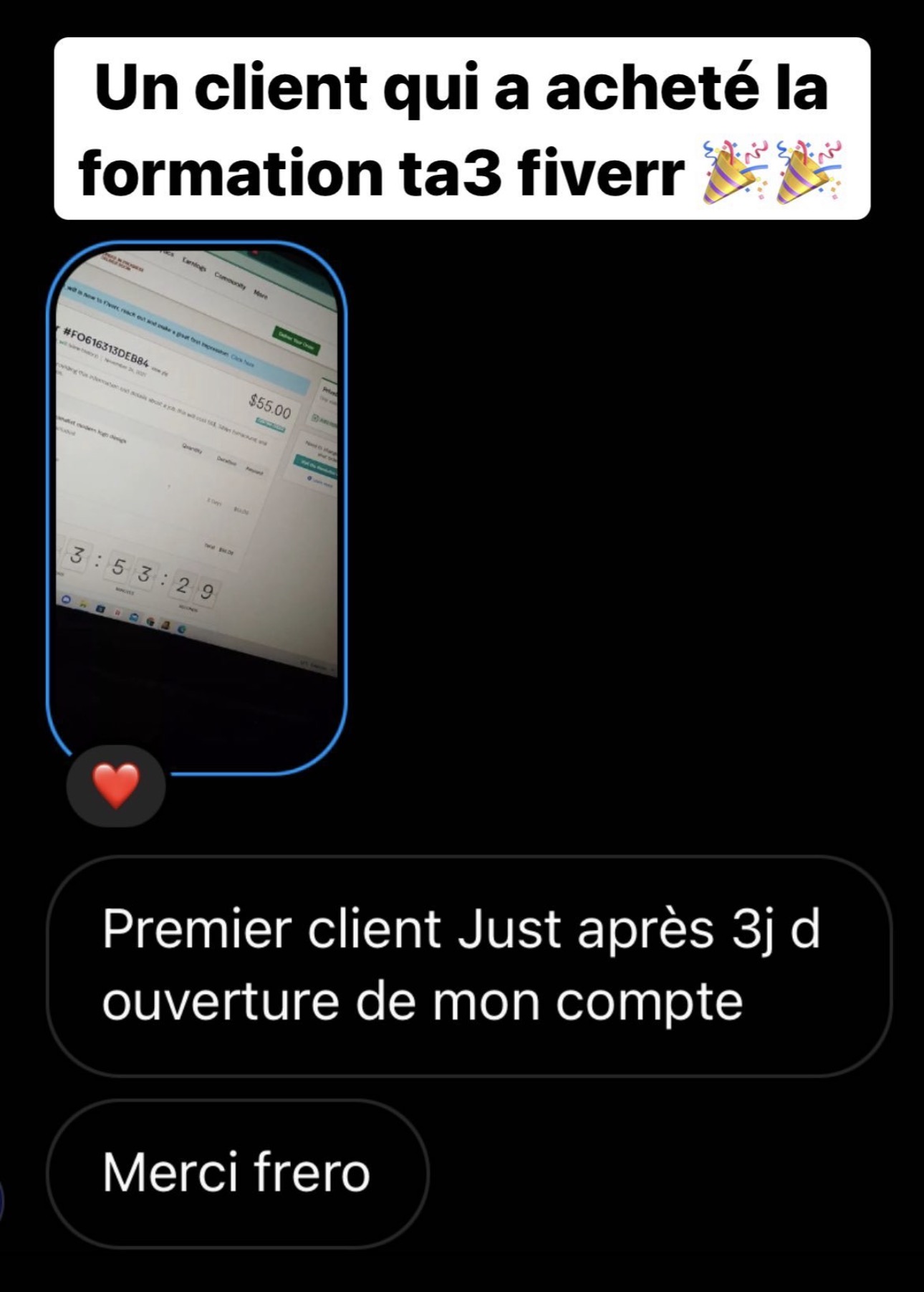 Premier client $55 après 3 jours d'ouverture du compte Fiverr